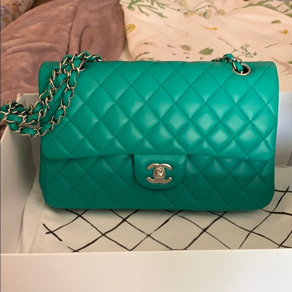 Turquoise Aqua Chanel Lambskin Medium Double Flap